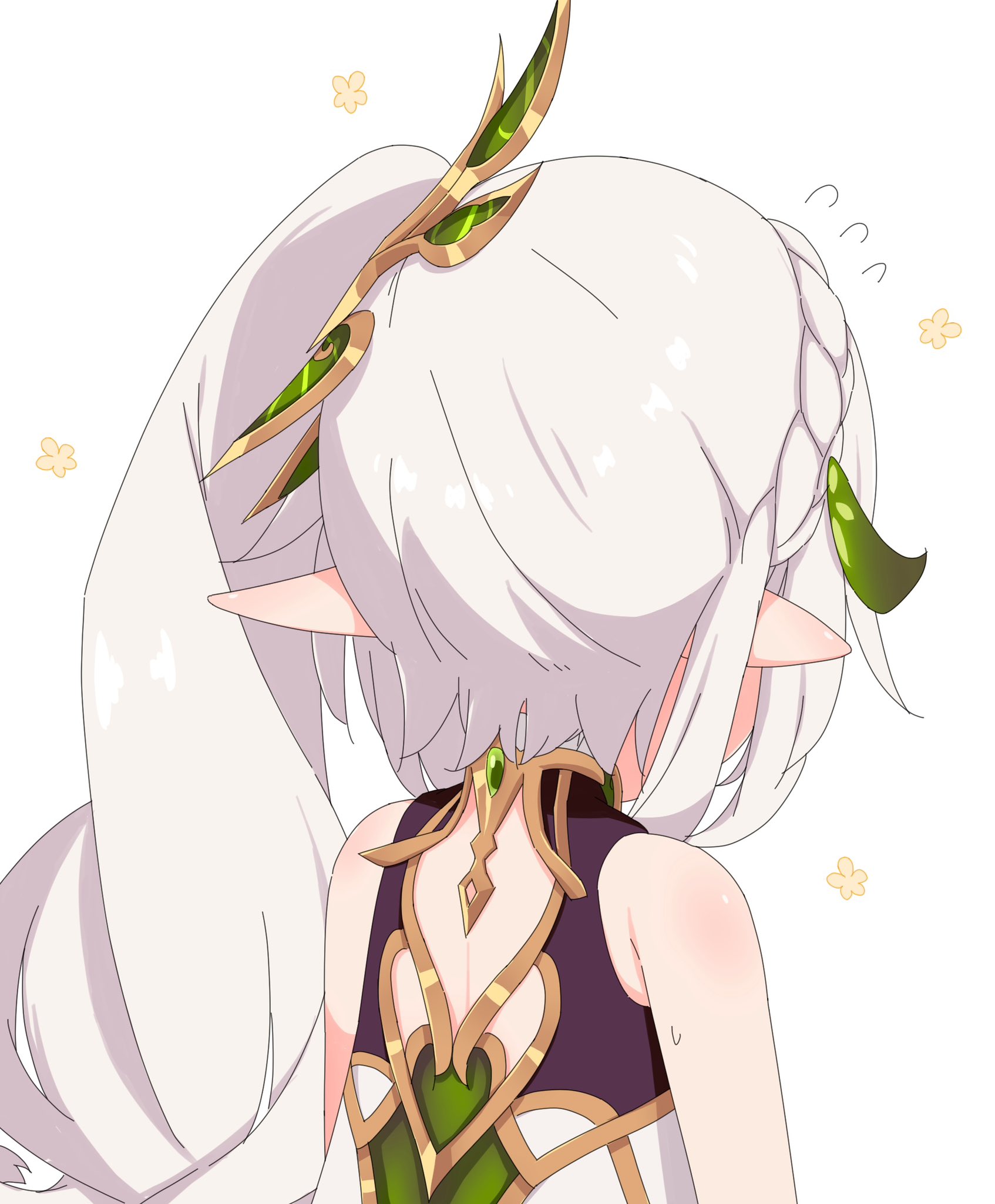 1girl azbchan1221 bare_shoulders commentary_request from_behind gem genshin_impact gold_trim green_gemstone hair_ornament highres leaf_hair_ornament long_hair nahida_(genshin_impact) pointy_ears side_ponytail simple_background sleeveless solo upper_body white_background white_hair