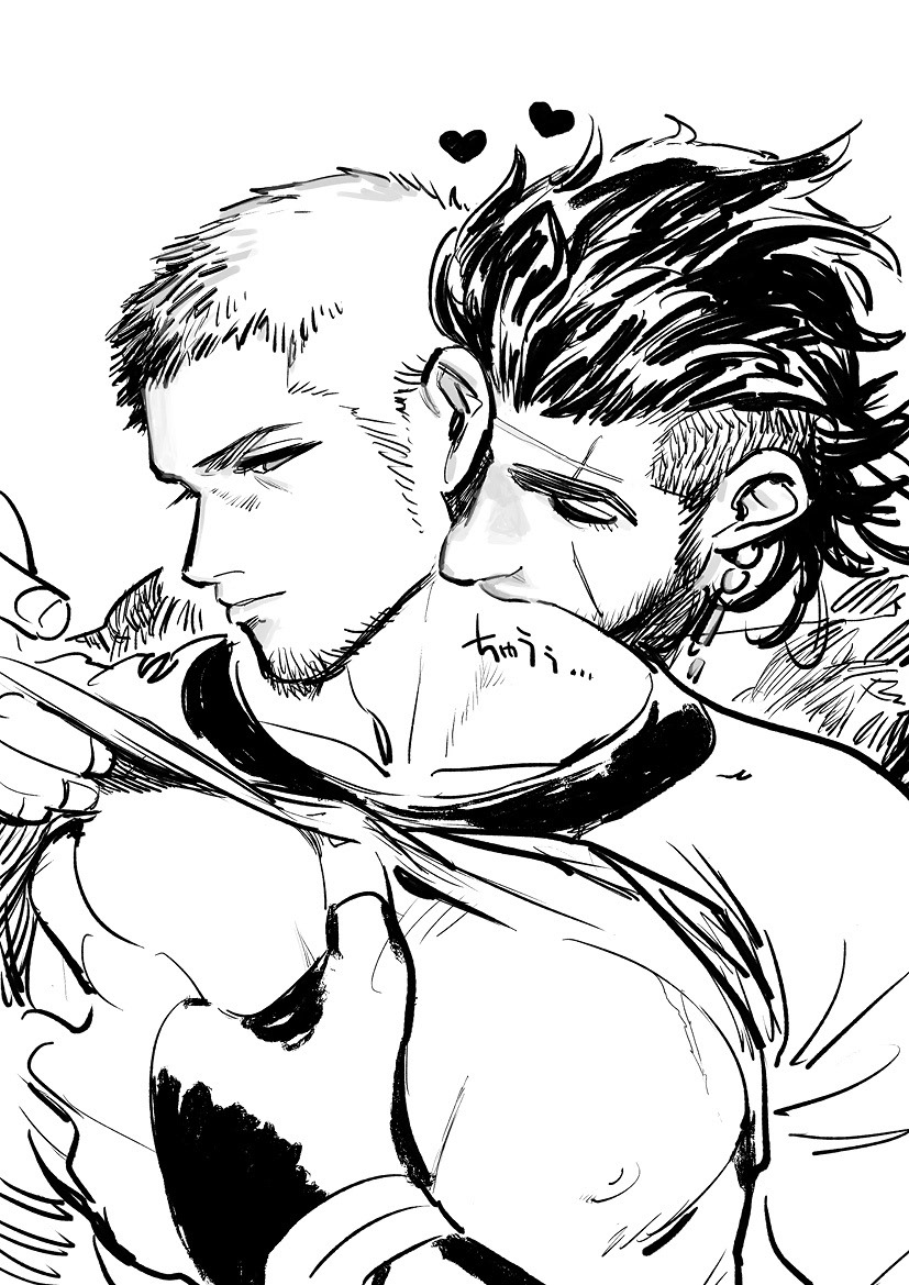 2boys bara bare_pectorals beard clothes_lift cor_leonis couple facial_hair final_fantasy final_fantasy_xv gladiolus_amicitia greyscale groping hair_slicked_back in_higashiyama kiss kissing_neck large_pectorals lifting_another&#039;s_clothes long_sideburns male_focus mature_male medium_hair monochrome multiple_boys muscular muscular_male pectoral_grab pectorals reach-around scar scar_across_eye scar_on_face shirt_lift short_hair sideburns stubble undercut upper_body white_background yaoi