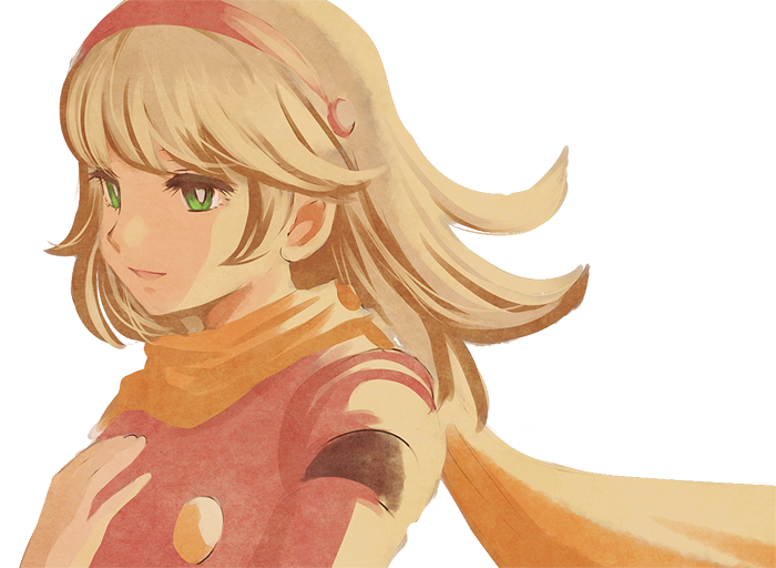 1girl blonde_hair buttons coat cyborg_009 francoise_arnoul green_eyes hair_over_face hairband half-closed_eyes hand_on_own_chest long_hair looking_at_another np_eny open_mouth red_coat red_hairband scarf smile straight_hair upper_body yellow_scarf