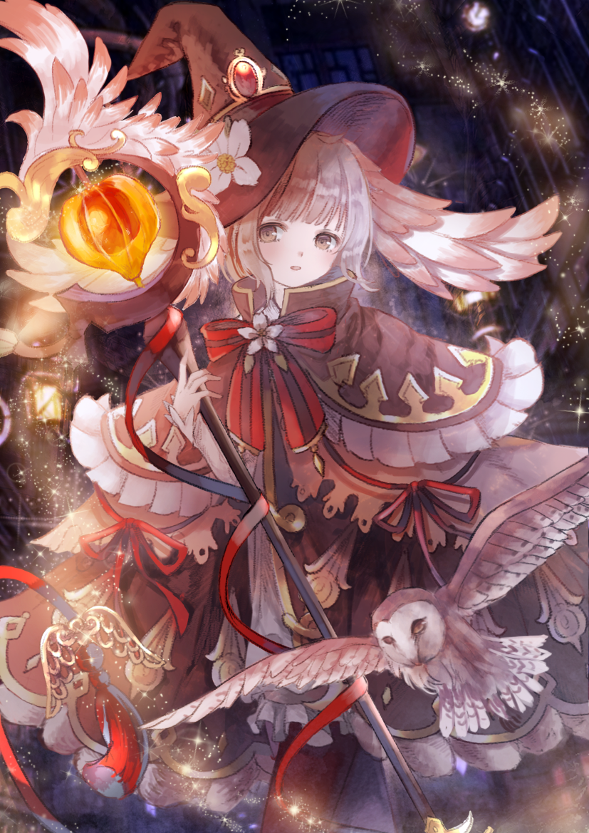 1girl :d animal bad_id bad_pixiv_id bird blunt_bangs blush boots brown_boots brown_eyes building cape capelet chinese_lantern_(plant) dark eyelashes feathered_wings flower frills gem hat hat_flower head_wings holding holding_staff lamp lamppost leaf light_brown_hair long_sleeves looking_at_viewer neck_ribbon night open_mouth original oro_ponzu outdoors owl post red_ribbon ribbon short_hair smile staff tareme tassel walking white_flower wings witch_hat