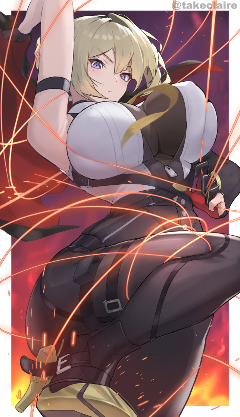 1girl arm_strap black_pants blonde_hair breasts elbow_gloves evelyn_chevalier gloves half_gloves high-waist_pants highres large_breasts necktie pants purple_eyes single_elbow_glove single_half_glove solo string takeclaire tight_clothes tight_pants yellow_necktie zenless_zone_zero