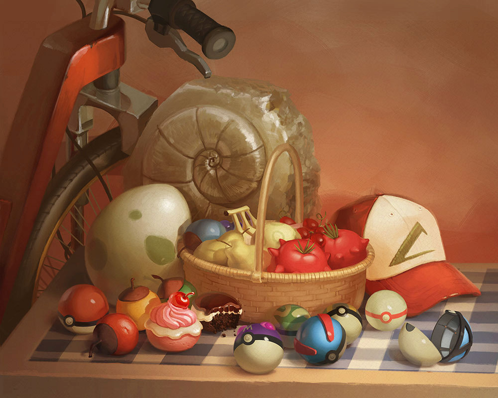 apricorn aspear_berry basket berry berry_(pokemon) bicycle bitten cake egg food fossil fruit game_freak great_ball hat helix_fossil indoors master_ball nanab_berry nintendo no_humans open_poke_ball photia poke_ball poke_ball_(basic) poke_puff pokemon pokemon_(anime) pokemon_(classic_anime) pokemon_egg premier_ball razz_berry realistic safari_ball still_life table ultra_ball