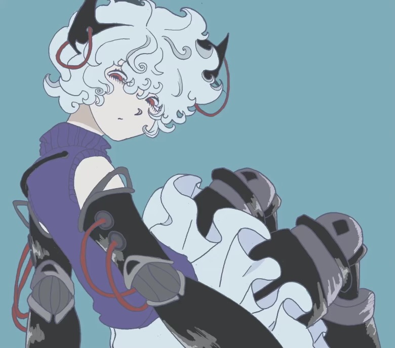.flow 1girl abstract cyborg flat_color humanoid_robot neon_palette red_eyes robot sabitsuki sleeveless sleeveless_turtleneck snoocola turtleneck white_hair wire yume_nikki