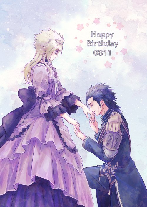 2boys armor back_bow black_hair black_jacket black_pants black_suit blonde_hair bow choker closed_eyes cloud_strife cloud_strife_(ball_gown) cross_scar crossdressing dated dress earrings facial_scar feet_out_of_frame final_fantasy final_fantasy_vii final_fantasy_vii_ever_crisis final_fantasy_vii_remake formal_clothes frilled_dress frills gold_trim hair_between_eyes hair_slicked_back happy_birthday holding_hands jacket jewelry kiss kissing_hand long_dress long_hair long_sleeves looking_at_another male_focus medium_hair multiple_boys official_alternate_costume on_one_knee ornate_clothes pants pauldrons puffy_sleeves purple_dress ribbon_choker ringomell_ura scar scar_on_cheek scar_on_face shoulder_armor sideburns single_earring spiked_hair star_(symbol) suit tiara yaoi zack_fair zack_fair_(shinra_full_dress_uniform)