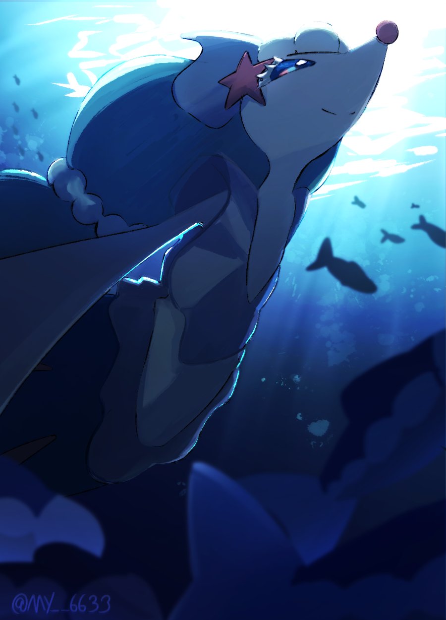 blue_eyes blue_hair colored_skin gen_7_pokemon highres light long_hair mermaid monster_girl my_(my_6633) nintendo pokemon pokemon_(creature) primarina sea_lion smile solo_focus underwater white_skin wishiwashi wishiwashi_(solo)