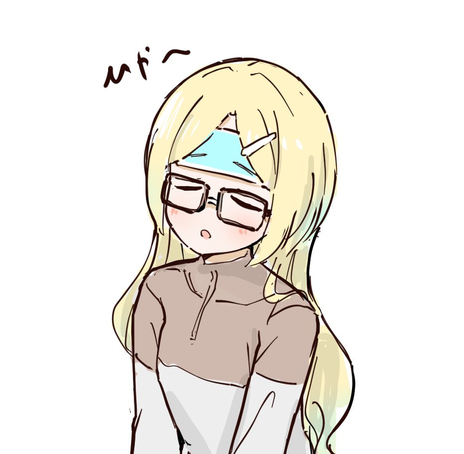 1girl blonde_hair blue_hair brown_shirt closed_eyes commentary_request glasses gradient_hair hair_down hair_ornament hairclip ice_pack light_blue_hair link!_like!_love_live! long_hair long_sleeves love_live! multicolored_hair official_alternate_costume official_alternate_hairstyle open_mouth osawa_rurino osawa_rurino_(summer_loungewear) parted_bangs shirt simple_background solo split_mouth tazaki_masanobu upper_body virtual_youtuber white_background