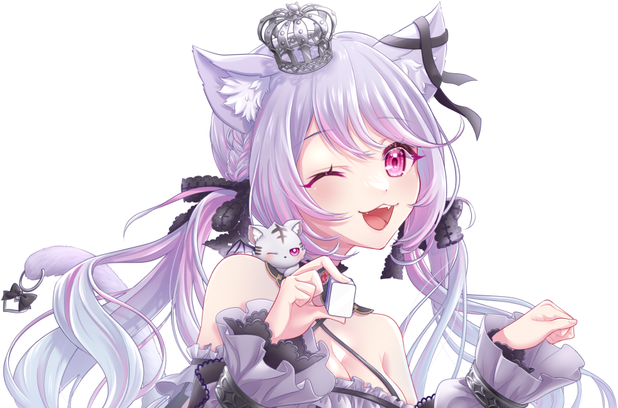 1girl animal_ears black_bow black_collar black_ribbon black_shirt blush bow breasts cat cat_ears cleavage collar commentary_request criss-cross_halter crown detached_collar ear_ribbon frilled_shirt frills hair_bow halterneck holding holding_mahjong_tile ina_uruu long_hair looking_at_viewer low_twintails mahjong mahjong_tile medium_breasts mini_crown multicolored_hair nanashi_inc. one_eye_closed open_mouth pink_eyes pink_hair purple_hair reona_kfc02 ribbon shirt simple_background smile solo transparent_background twintails two-tone_hair upper_body virtual_youtuber wiink