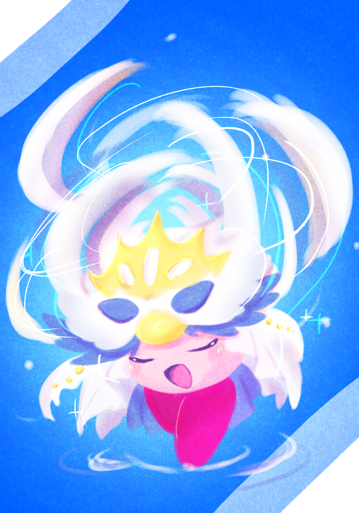 bird_mask blush_stickers closed_eyes colored_skin copy_ability feathers fleur_tornado_kirby kirby kirby_(series) mask mask_on_head nintendo no_humans open_mouth pink_skin red_shoes ripples ronen shoes smile snow solo sparkle tiptoes tornado_kirby white_mask
