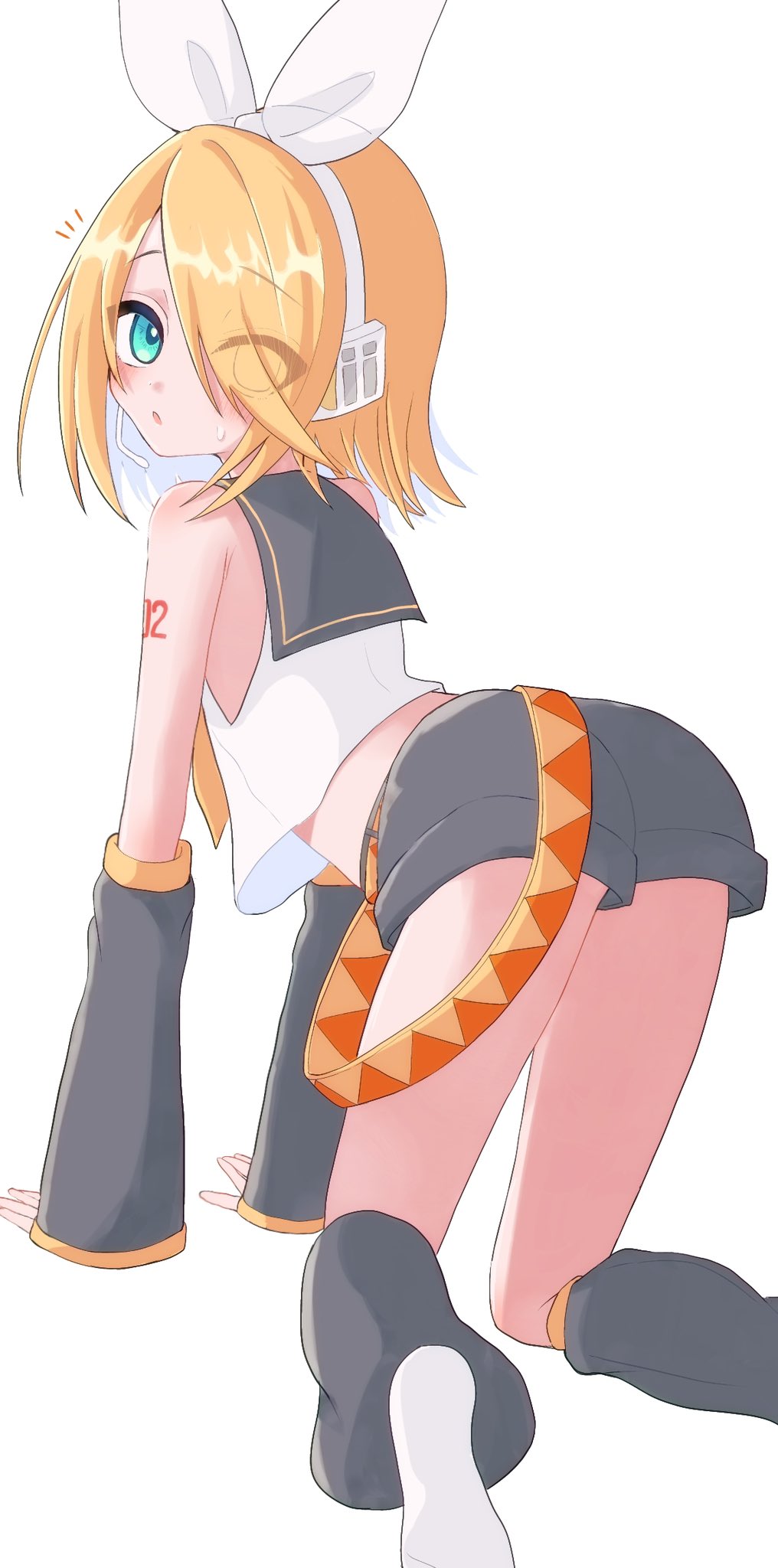 1girl all_fours aqua_eyes arched_back bare_shoulders belt blonde_hair blush bow crop_top detached_sleeves emphasis_lines flat_chest grey_leg_warmers grey_sailor_collar grey_shorts grey_sleeves hair_down hair_half_undone hair_over_one_eye headband headset highres kagamine_rin leg_warmers looking_at_viewer looking_back neckerchief nnc225 no_hairclip orange_belt sailor_collar see-through_silhouette shirt shorts sideways_glance sleeveless sleeveless_shirt surprised sweatdrop turning_head two-tone_belt vocaloid white_bow yellow_belt yellow_neckerchief
