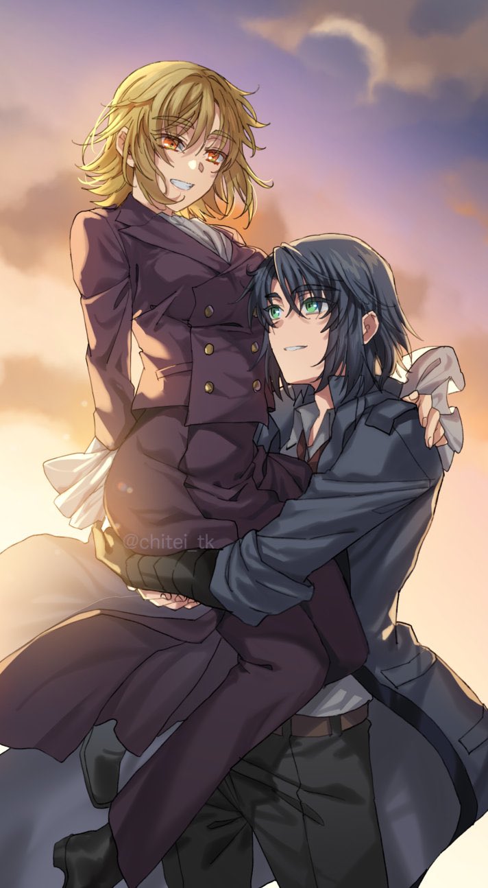 1boy 1girl athrun_zala blonde_hair blue_hair cagalli_yula_athha carrying carrying_person coat couple formal_clothes green_eyes grey_coat gundam gundam_seed gundam_seed_destiny gundam_seed_freedom hetero highres lifting_person looking_at_another pant_suit pants short_hair smile suit tenkuu_sphere uniform yellow_eyes