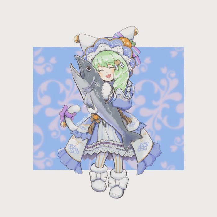 1girl animal animal_ears cat_ears cat_girl closed_eyes fire_emblem fire_emblem:_three_houses fire_emblem_heroes fish flayn_(fire_emblem) flayn_(halloween)_(fire_emblem) halloween halloween_costume holding holding_animal holding_fish nintendo official_alternate_costume pontabo58 solo swept_bangs