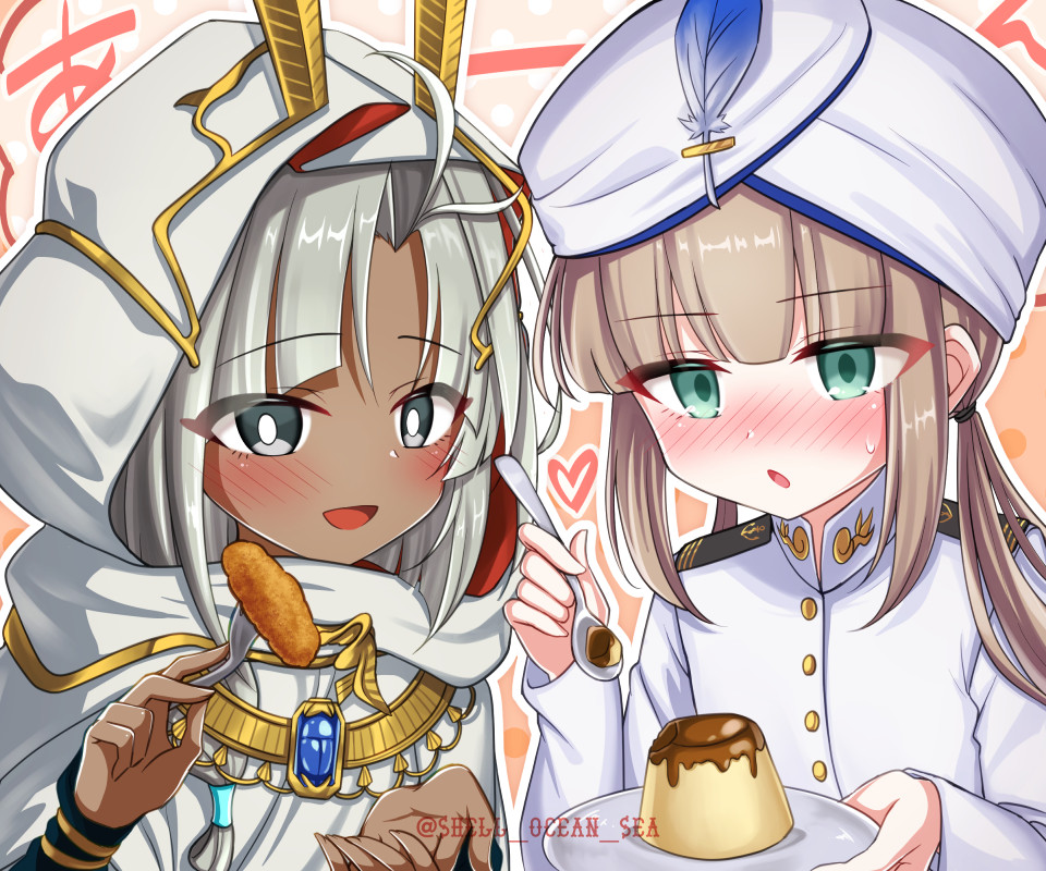2boys blue_gemstone blush bracelet brown_hair captain_nemo_(fate) captain_nemo_(first_ascension)_(fate) cloak dark-skinned_male dark_skin fate/grand_order fate_(series) food fork gem green_eyes grey_eyes grey_hair hat_feather hood hood_up hooded_cloak jacket jewelry long_hair long_sleeves looking_at_viewer multiple_boys necklace nemo_(fate) open_mouth plate shell_ocean smile spoon turban tutankhamun_(fate) tutankhamun_(first_ascension)_(fate) white_cloak white_jacket