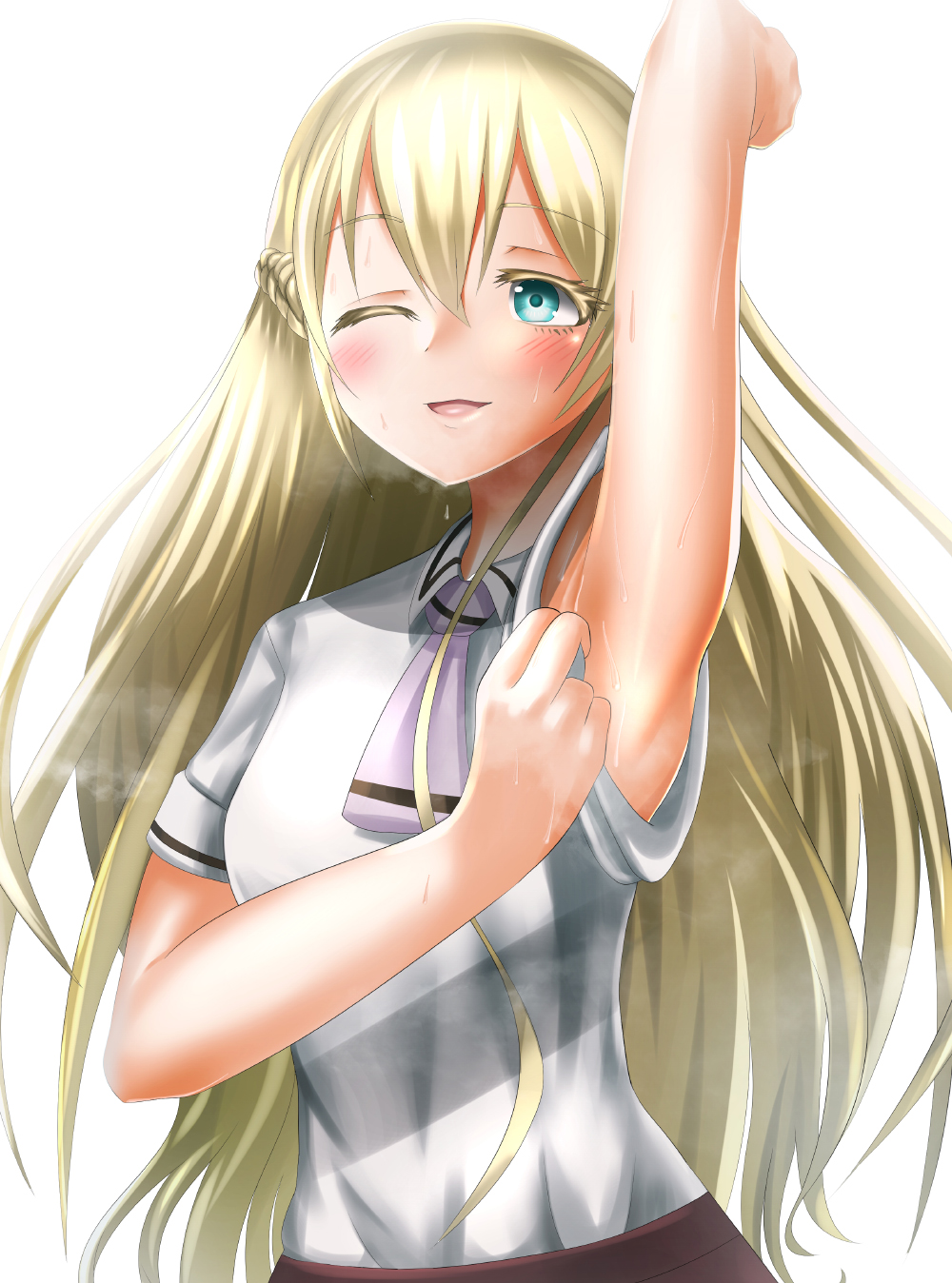 1girl aqua_eyes arm_up armpits asobi_asobase blonde_hair blush clothes_grab dripping highres kairyuu_(drshellon) olivia_(asobi_asobase) one_eye_closed open_mouth pink_ribbon presenting_armpit ribbon school_uniform shadow shirt sleeve_cuffs sleeve_grab smile solo steam steaming_body sweat white_background white_shirt