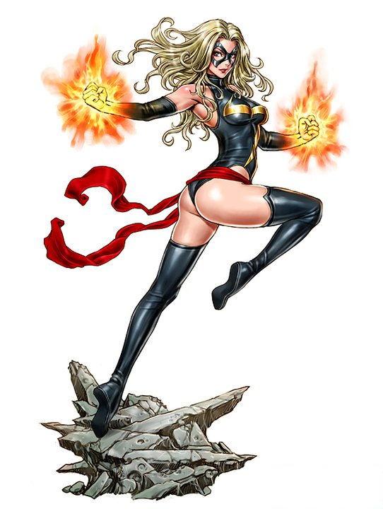 1girl animification arched_back armpits ass bare_shoulders black_thighhighs blonde_hair blue_eyes boots carol_danvers carol_susan_jane_danvers domino_mask dual_wielding elbow_gloves female_focus fighting_stance fire full_body gloves glowing highleg highleg_leotard holding jumping leg_lift leg_up legs leotard lipstick long_hair long_legs looking_at_viewer looking_back makeup marvel mask ms._marvel ms._marvel_(series) ms_marvel outstretched_arms rock sash shiny_clothes simple_background skin_tight solo spread_arms thigh_boots thighhighs thighs turtleneck wavy_hair yamashita_shun&#039;ya