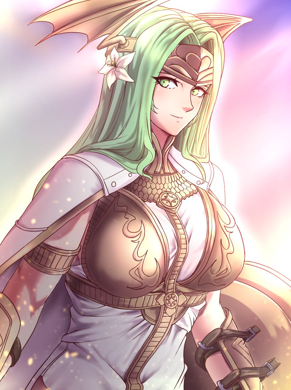 1girl armor breasts female_focus fire_emblem fire_emblem:_three_houses flower flower_on_head green_eyes green_hair highres large_breasts nintendo rhea_(fire_emblem) seiros_(fire_emblem) smile tagme to_(tototo_tk)