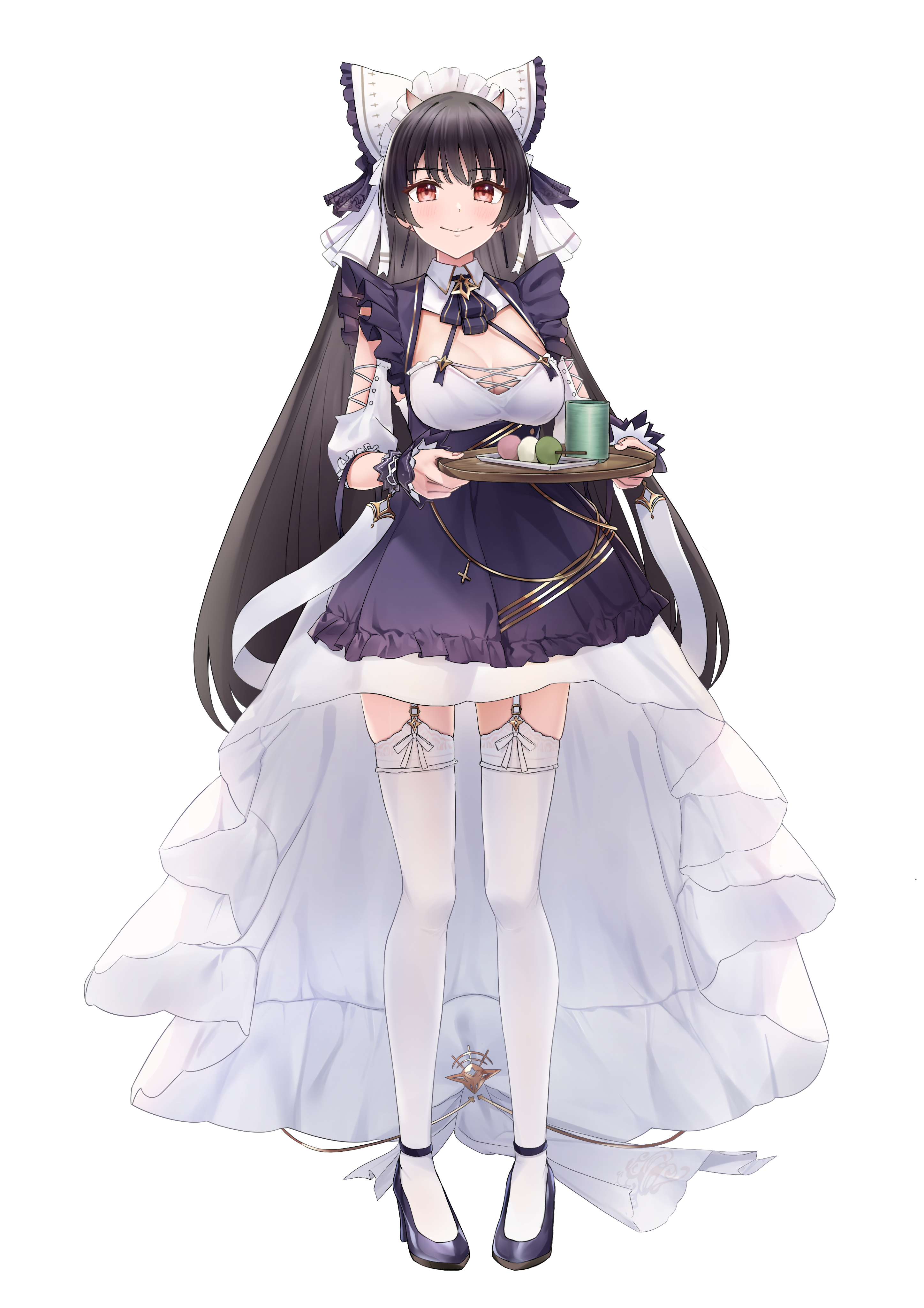 1girl absurdres azur_lane black_hair breasts cheshire_(azur_lane) cheshire_(azur_lane)_(cosplay) cleavage commission cosplay cup dango dress food full_body high_heels highres holding holding_tray horns layered_dress long_hair looking_at_viewer maid_headdress noshiro_tomoya pixiv_commission sakawa_(azur_lane) sanshoku_dango simple_background strappy_heels thighhighs transparent_background tray wagashi white_thighhighs yunomi