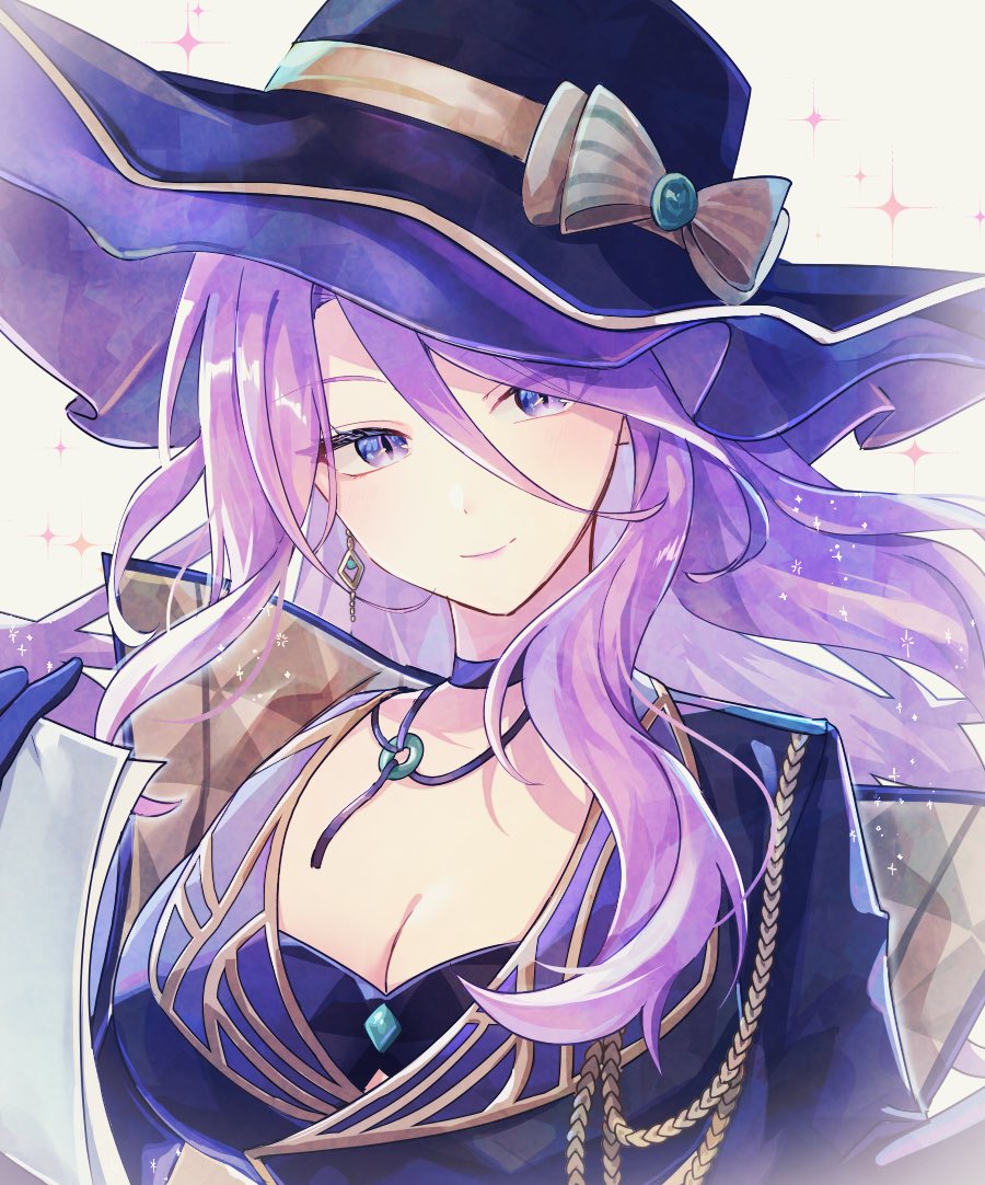 1girl black_bra black_hat bow bra breasts brown_bow choker cleavage commentary_request gloves hair_between_eyes hat hat_bow holding holding_paper honkai:_star_rail honkai_(series) jade_(gemstone) jade_(honkai:_star_rail) long_hair looking_at_viewer paper purple_choker purple_eyes purple_gloves purple_hair shirase_(shirose) simple_background smile solo sparkle underwear upper_body white_background