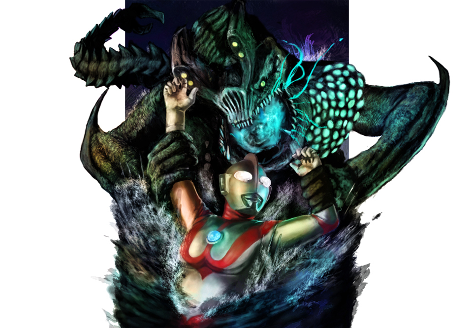 1boy acid alien bioluminescence crossover drooling epic giant giant_monster glowing glowing_acid kaiju legendary_pictures monster neon_trim otachi pacific_rim seijin superhero_costume tsuburaya_productions ultra_series ultraman ultraman_(1st_series) zeze zezest