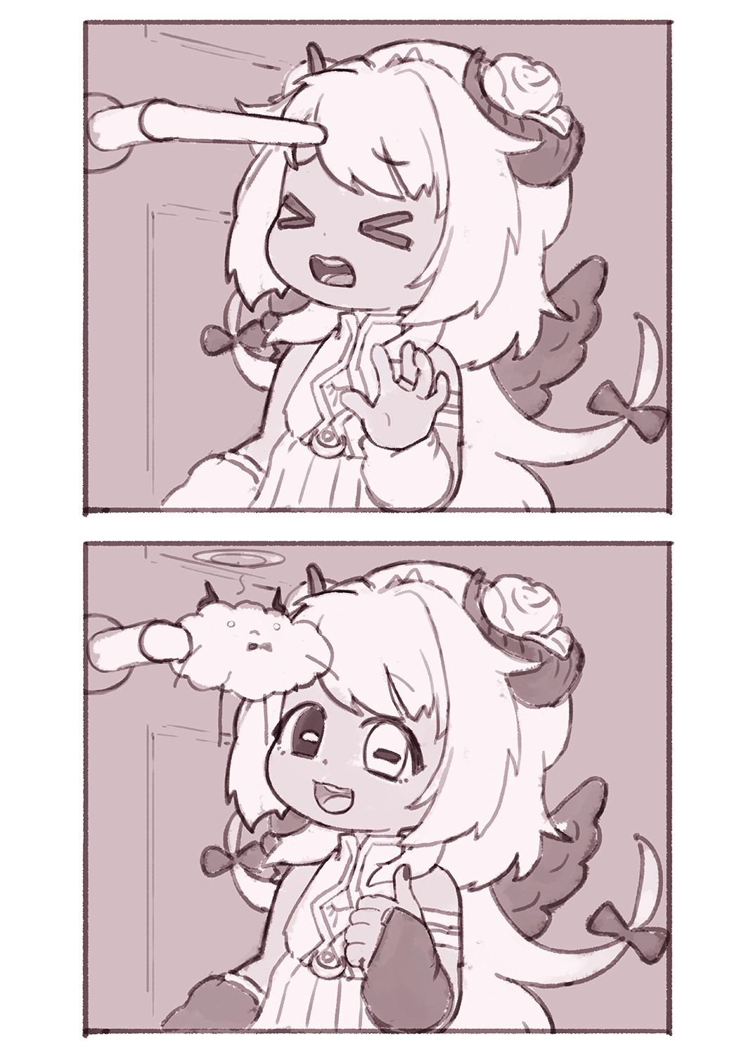 &gt;_&lt; 1girl amaryllis_gumi arm_warmers before_and_after brown_theme creature dark-skinned_female dark_skin demon_girl door door_handle feral_lemma flower hair_flower hair_ornament heterochromia highres hitting horizontal_pupils horns injury long_hair looking_at_viewer meme monochrome rose skirt smile thumbs_up vest virtual_youtuber waffle_handle_ad_(meme) wings yotsutsuji_mayoi