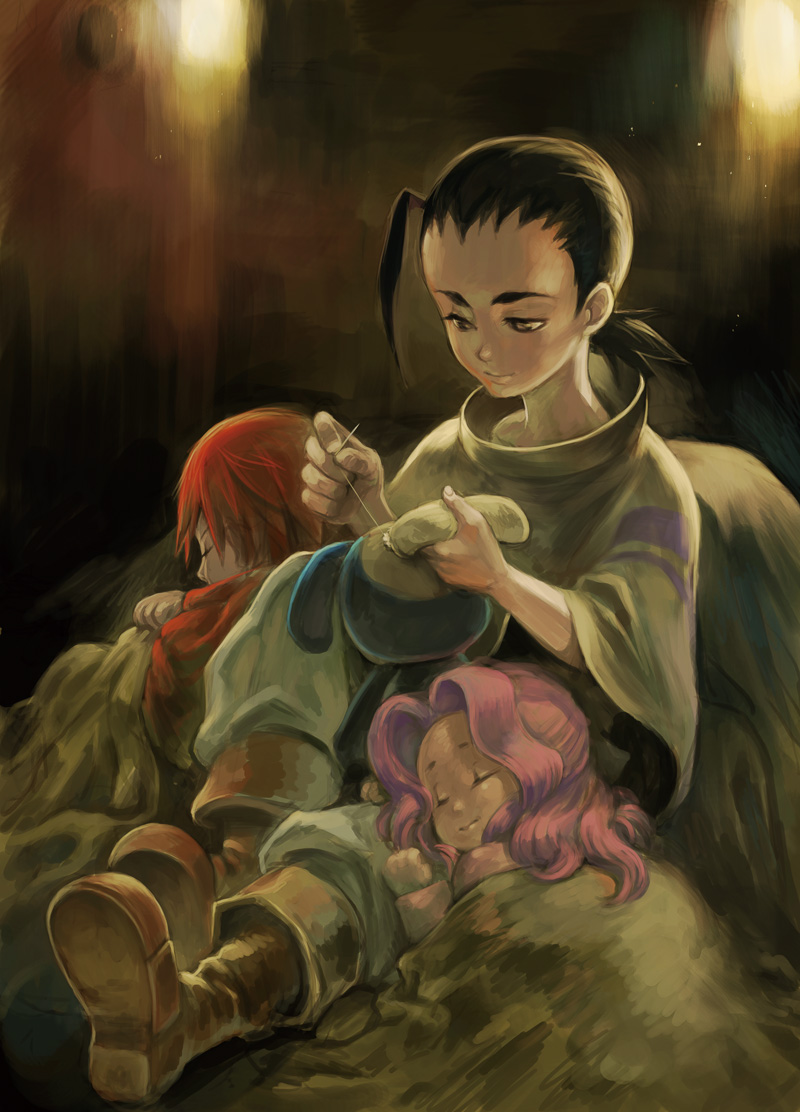 00s 1girl 2boys ahoge cave child cloak darry_adai gimmy_adai lantern light long_sleeves multiple_boys pink_hair ponytail rebasashi red_hair rossiu_adai sleeping tengen_toppa_gurren_lagann wavy_hair