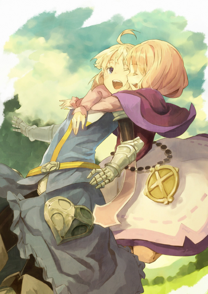 2girls armor blonde_hair blue_eyes blush capelet character_request cloud gauntlets gloves grand_knights_history houru hug hug_from_behind multiple_girls open_mouth short_hair sky smile wink