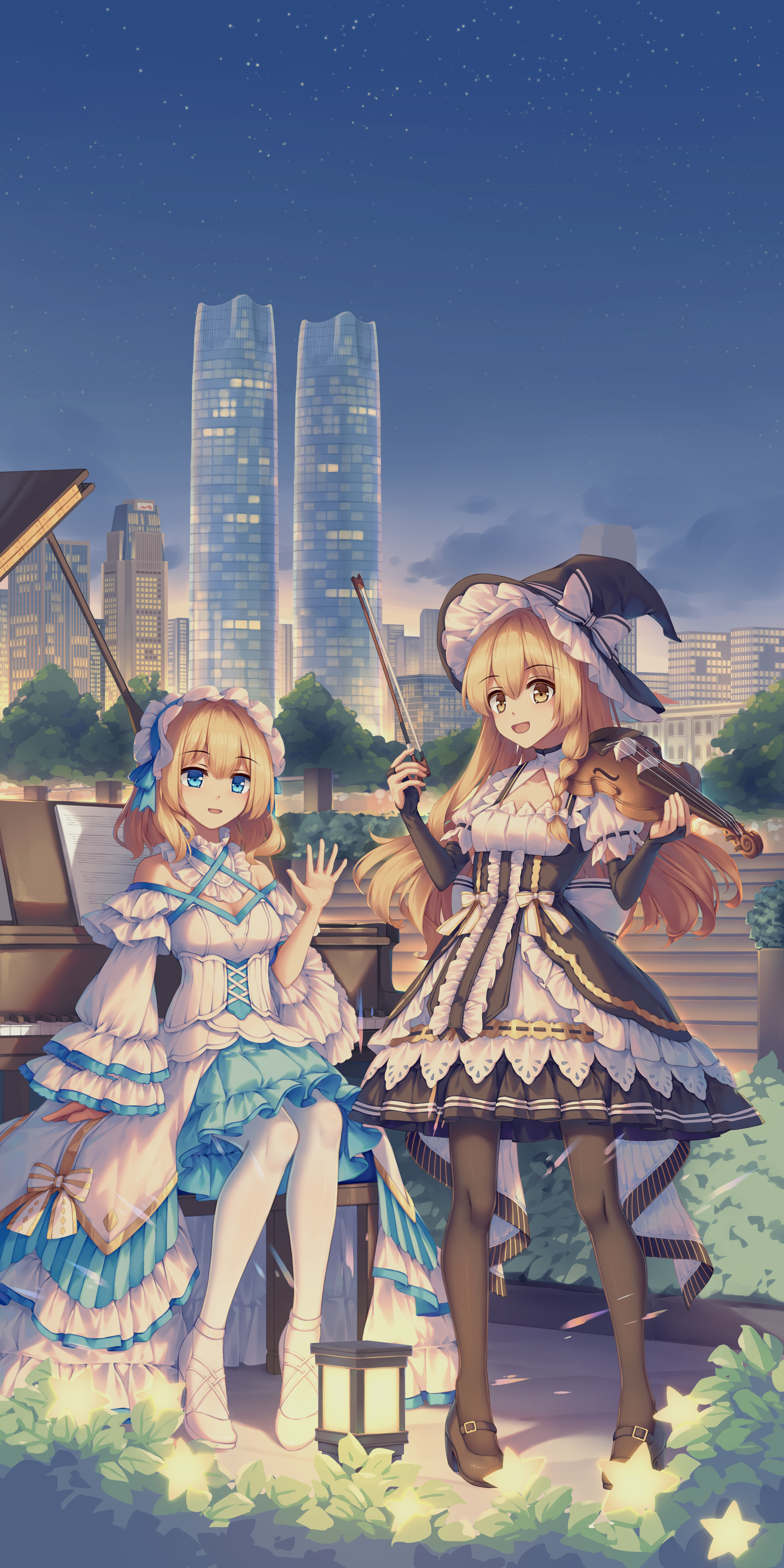 2girls :d absurdres alice_margatroid black_bridal_gauntlets black_dress black_footwear black_hat black_pantyhose blonde_hair blue_dress blue_eyes bonnet bow bow_(music) bridal_gauntlets building bush cleavage_cutout clothing_cutout dress flower frilled_dress frilled_hairband frilled_hat frills grand_piano hairband hat hat_bow highres instrument kirisame_marisa long_hair long_sleeves mary_janes mechrailgun medium_hair multiple_girls night off-shoulder_dress off_shoulder open_mouth outdoors pantyhose piano puffy_short_sleeves puffy_sleeves shoes short_sleeves sitting skyscraper smile standing touhou tree two-tone_dress violin waving white_bow white_dress white_footwear white_pantyhose wide_sleeves witch_hat yellow_eyes