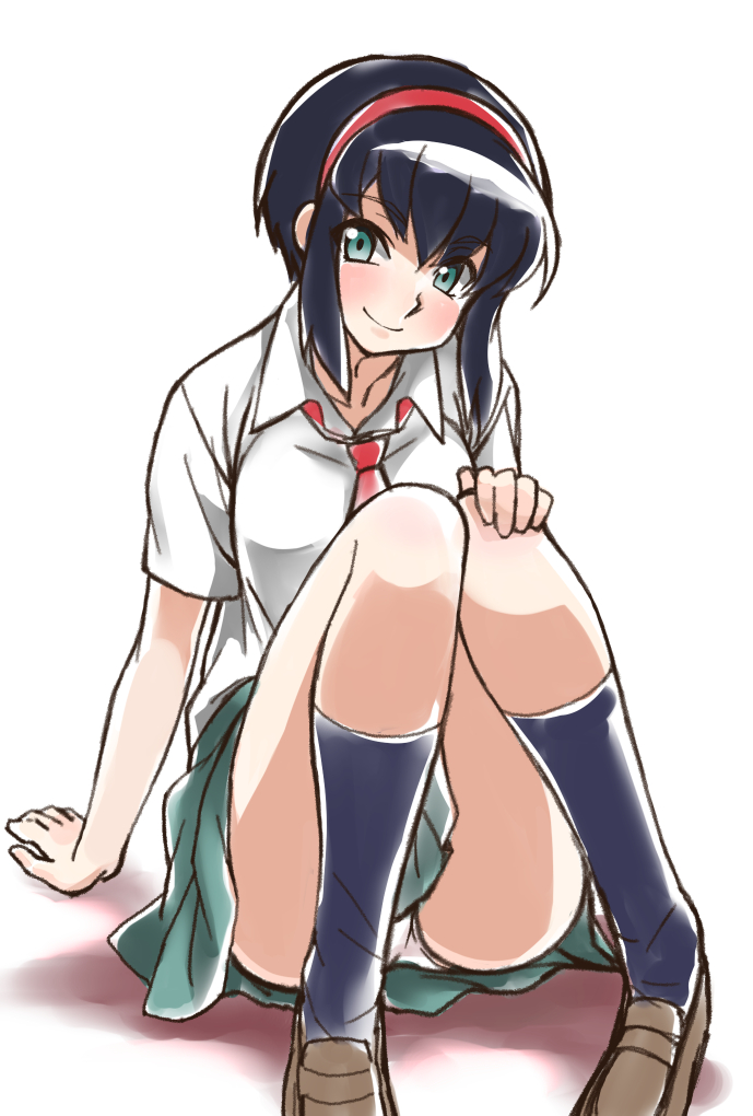 1990s_(style) 1girl amano_hosikawa aqua_eyes black_hair blue_socks blush collared_shirt female_focus hairband kneehighs kumashiro_sakuya loafers looking_at_viewer necktie panties pantyshot retro_artstyle school_uniform shin_tenchi_muyou! shirt shoes sitting skirt smile socks solo tenchi_muyou! underwear upskirt white_background white_panties