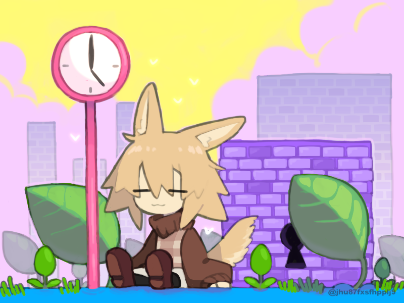 1girl :3 analog_clock animal_ears black_pantyhose blonde_hair blue_grass brick_wall brown_shoes brown_sweater chibi chibi_only clock closed_eyes closed_mouth cloud grey_skirt keyhole leaf long_sleeves medium_hair on_ground outdoors pantyhose plant puffy_long_sleeves puffy_sleeves regurusu_(nagarevosi) shoes simple_bird sitting skirt solo sweater tail twitter_username urotsuki watermark wolf_ears wolf_tail yume_2kki