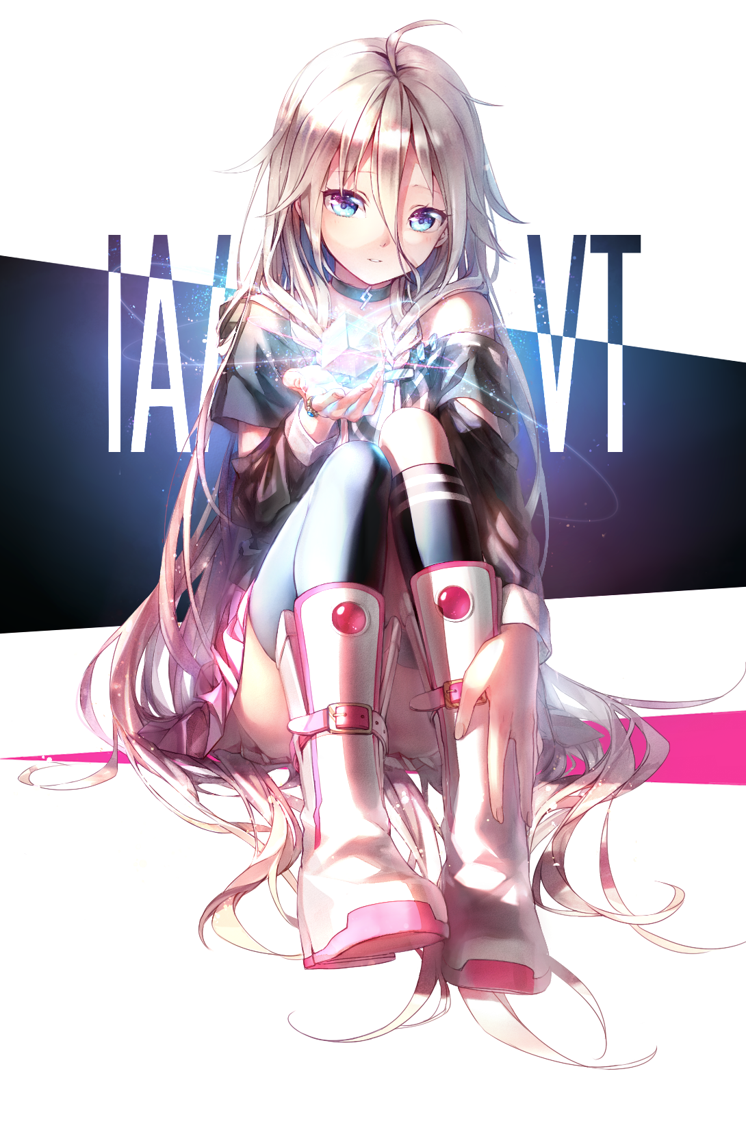 1girl ahoge blue_eyes character_name choker dekatanaba female_focus highres ia_(vocaloid) light_brown_hair long_hair parted_lips pleated_skirt sitting skirt solo vocaloid