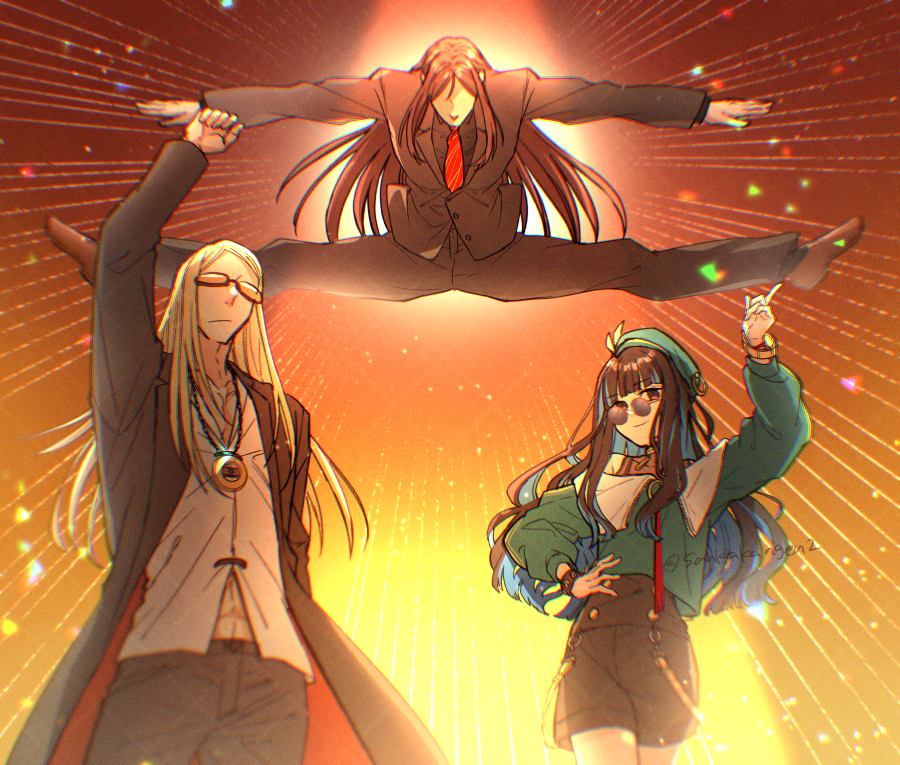 1girl 2boys beret black_hair black_shorts blonde_hair blue_hair colored_inner_hair fate/grand_order fate_(series) hat jewelry long_hair lord_el-melloi_ii masaki_(star8moon) multicolored_hair multiple_boys necktie pendant pointing pointing_up raised_fist red_necktie shorts smile split sunglasses tenochtitlan_(fate) tenochtitlan_(second_ascension)_(fate) tezcatlipoca_(fate) twitter_username waver_velvet