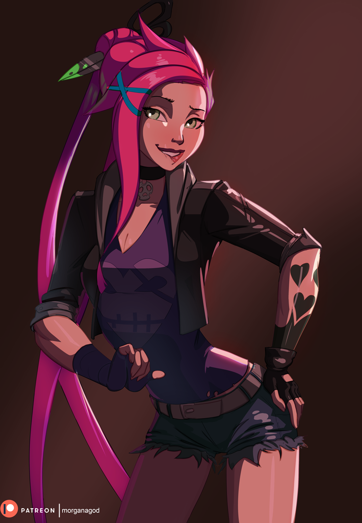 1girl alternate_costume alternate_hair_color alternate_hairstyle breasts choker cleavage cropped_jacket cutoffs female_focus fingerless_gloves gloves green_eyes hair_bun hair_ornament hand_on_own_hip jinx_(league_of_legends) league_of_legends lipstick long_hair makeup md5_mismatch morganagod narrow_waist pink_hair resolution_mismatch scissors short_shorts shorts single_hair_bun sleeves_rolled_up small_breasts solo source_smaller very_long_hair x_hair_ornament zombie_slayer_jinx