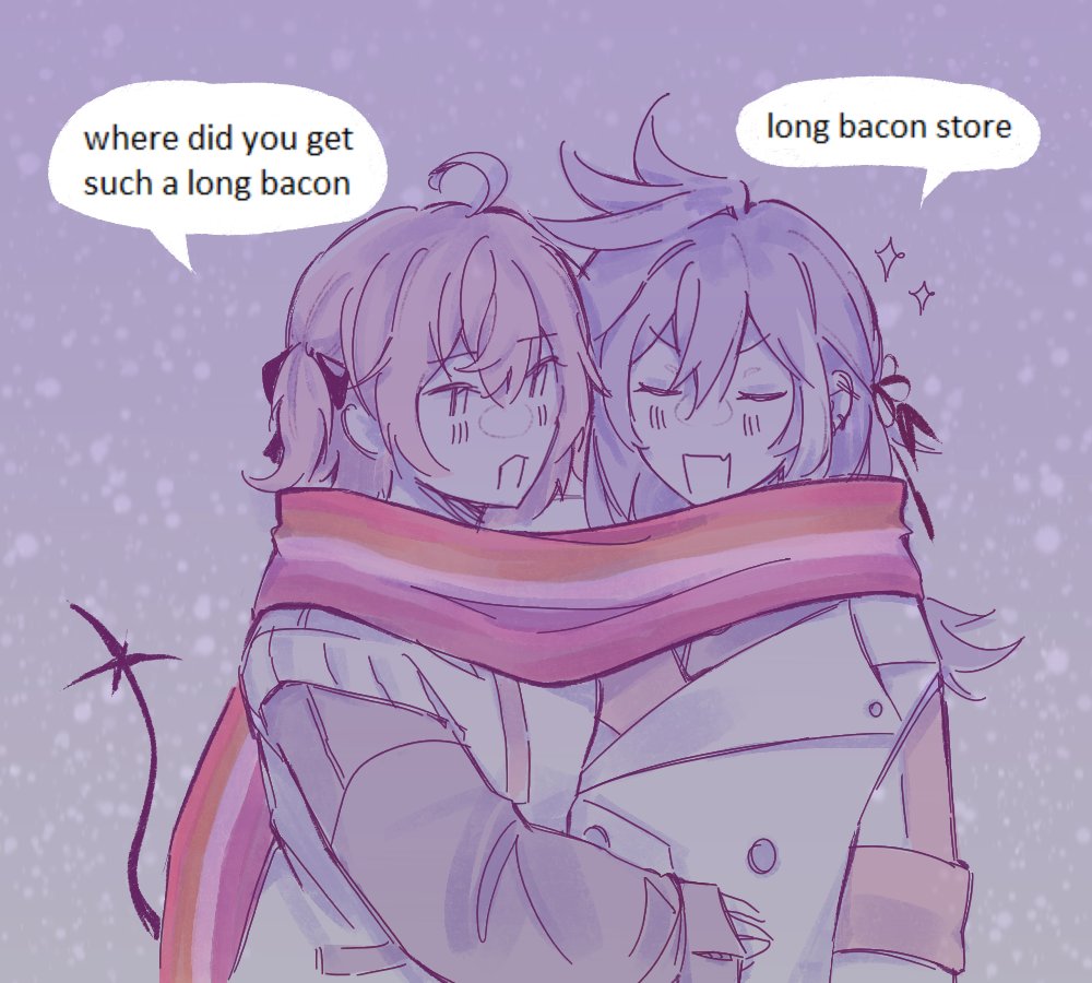 2girls ahoge banzoin_hakka blush bow coat commentary ear_piercing earrings english_commentary english_text genderswap genderswap_(mtf) hair_between_eyes hair_bow hair_down holostars holostars_english hug jewelry lesbian_flag long_bacon_store_(meme) long_hair long_sleeves machina_x_flayon machina_x_flayon_(2nd_costume) mechanical_tail medium_hair meme multiple_boys multiple_girls official_alternate_costume official_alternate_hairstyle one_side_up open_mouth pastel_colors piercing purple_hair red_hair scarf shared_clothes shared_scarf sketch smile snowing sparkle speech_bubble tail tenuously upper_body virtual_youtuber yuri