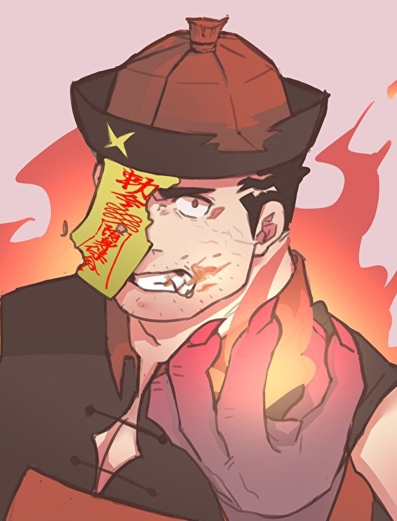 1boy alternate_costume bara black_hair black_skin clenched_teeth colored_skin constricted_pupils costume_request fingernails fire frown male_focus mature_male pectoral_cleavage pectorals portrait sharp_fingernails short_hair sideburns solo teeth tokyo_houkago_summoners wanineko2001 zabaniyya_(housamo)