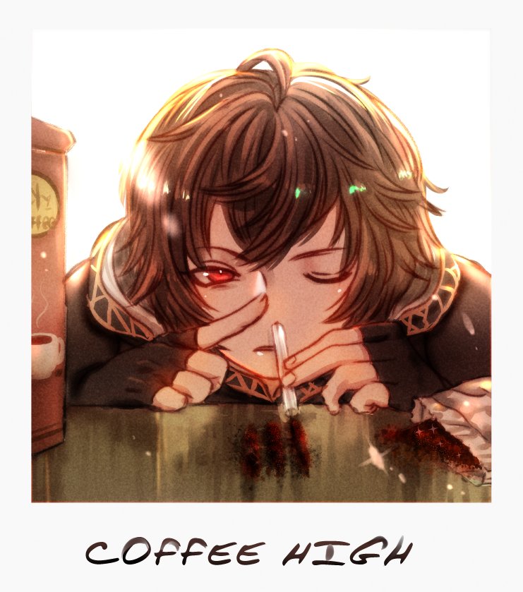 1boy binik_ex border brown_hair coffee english_text facing_viewer fake_photograph fingerless_gloves gloves granblue_fantasy male_focus one_eye_closed red_eyes sandalphon_(granblue_fantasy) simple_background snorting solo white_background white_border