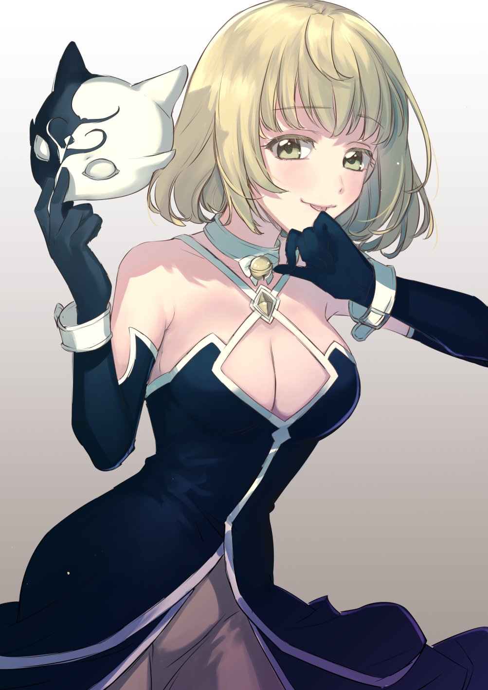 1girl ahoge animal_ears bell black_gloves blonde_hair blush breasts cat_ears cat_mask cleavage collar colored_eyelashes commentary_request dress elbow_gloves fake_animal_ears gloves gradient_background highres holding holding_mask large_breasts licking_lips magical_girl mahou_shoujo_madoka_magica mahou_shoujo_tart_magica mask masquerade_mask minou_(madoka_magica) neck_bell ojou-sama_pose revision short_hair simple_background smile solo soul_gem strapless strapless_dress tongue tongue_out unworn_mask white_background yellow_eyes yellow_gemstone yukishiro_(hitsuji)