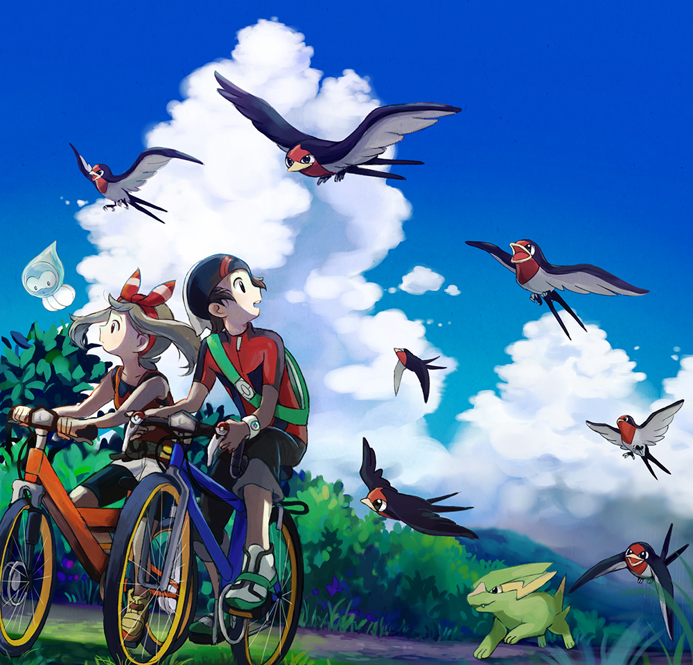 1boy 1girl bicycle bike_shorts black_pants black_shorts blue_sky bow brendan_(pokemon) brown_eyes brown_hair castform castform_(rainy) cloud collarbone day electrike gen_3_pokemon hair_bow hairband hat jacket looking_back may_(pokemon) nintendo outdoors pants pokemon pokemon_(creature) pokemon_oras popcorn_91 red_hairband red_jacket red_shirt riding shirt short_shorts short_sleeves shorts shorts_under_shorts sky sleeveless sleeveless_shirt striped_bow taillow white_headwear white_shorts