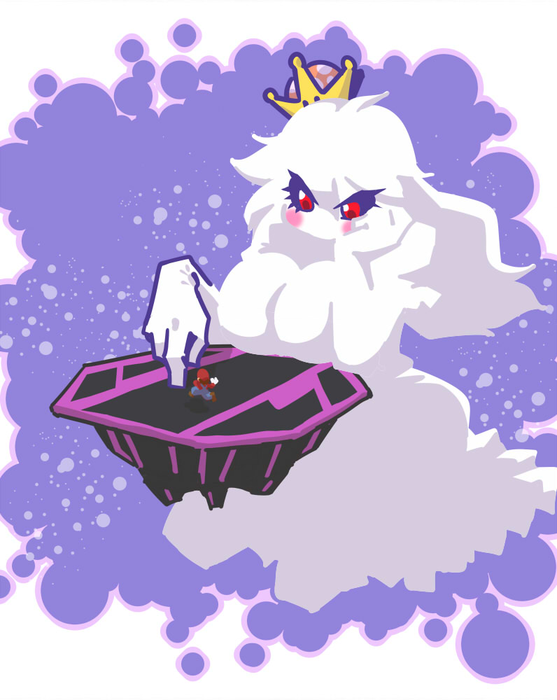 1boy 1girl blush_stickers breasts commentary_request crown final_destination_(smash_bros) ghost giant giantess hat large_breasts luigi&#039;s_mansion mario mario_(series) new_super_mario_bros._u_deluxe nintendo princess_king_boo red_eyes red_hat seki_(red_shine) super_crown super_smash_bros.