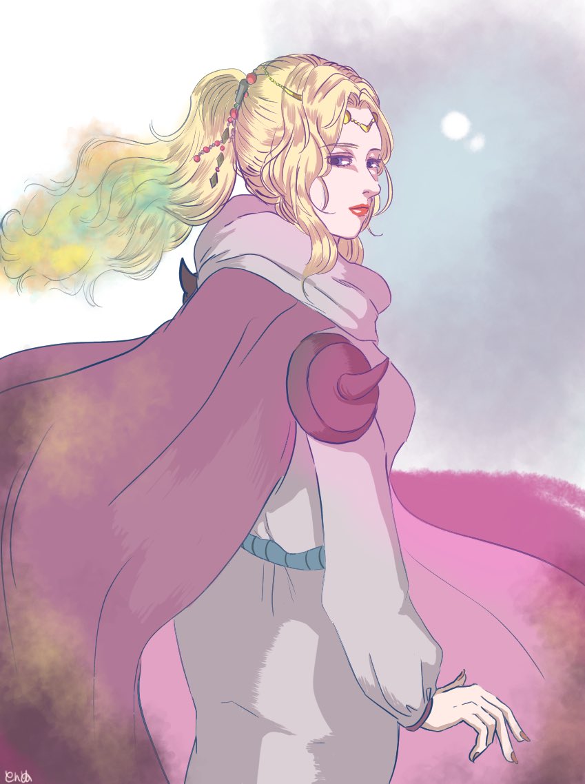 1girl blonde_hair cape dress final_fantasy final_fantasy_iv fingernails hair_ornament lips long_hair long_sleeves looking_at_viewer lying on_back ponytail purple_cape red_lips rosa_farrell signature simple_background solo tonnu_(kabegaminokabe) white_dress