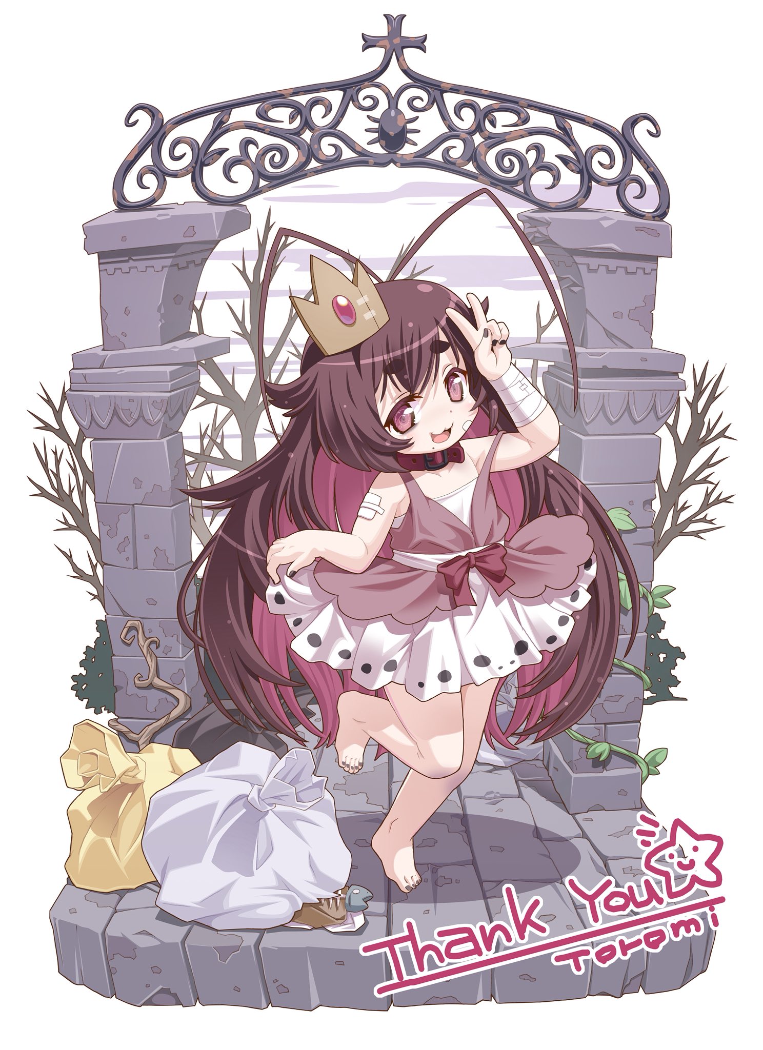1girl antenna_hair arm_up bandaged_arm bandages bandaid bandaid_on_cheek bandaid_on_face barefoot belt belt_collar black_nails bow brown_dress brown_hair bruise_on_leg collar colored_inner_hair commentary_request commission crown dress dress_bow flat_chest full_body gauze_on_arm hair_flaps highres long_hair looking_at_viewer mole mole_under_mouth multicolored_hair nail_polish open_mouth original pink_eyes pink_hair red_belt red_bow ringed_eyes skeb_commission skirt_hold sleeveless sleeveless_dress smile solo standing standing_on_one_leg thank_you toenail_polish toenails toromi_(toromix2) trash_bag two-tone_hair v very_long_hair