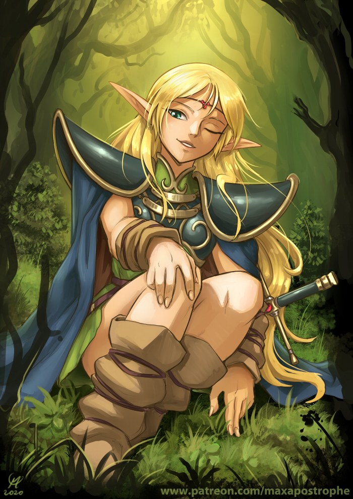 1girl armor blonde_hair boots cape deedlit elf fantasy female_focus forest grass green_eyes hand_on_own_knee hilt long_hair maxa&#039; nature one_eye_closed patreon_username pauldrons pointy_ears record_of_lodoss_war shoulder_armor sitting smile solo sword tree weapon