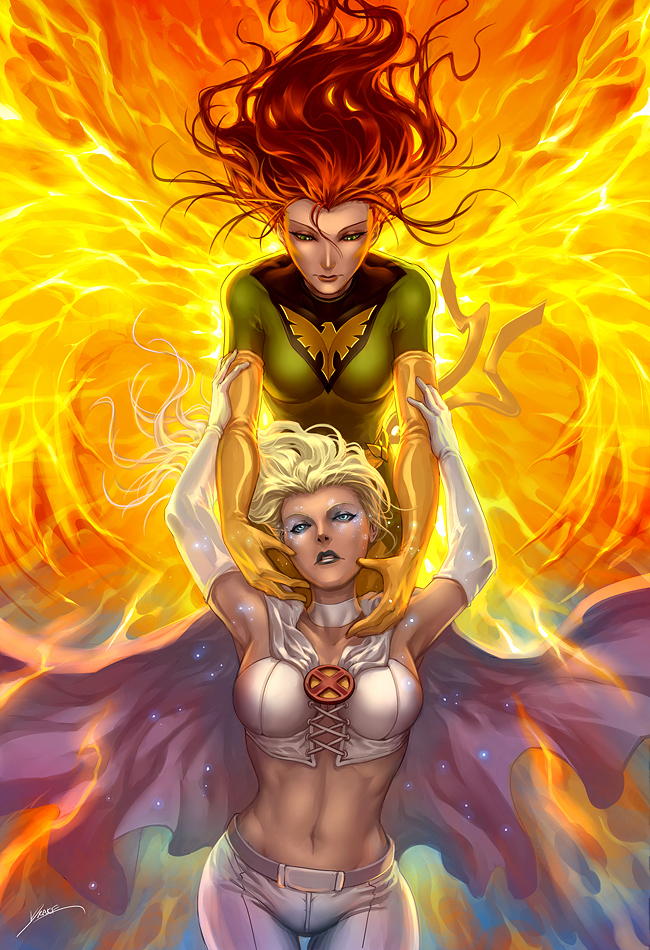 10s 2girls belt blonde_hair blue_eyes bodysuit breasts cape choker cleavage elbow_gloves emma_frost fire gloves glowing glowing_eyes green_eyes jean_grey kuroi-tsuki marvel midriff multiple_girls orange_hair pants phoenix_(x-men) white_gloves white_pants white_queen x-men