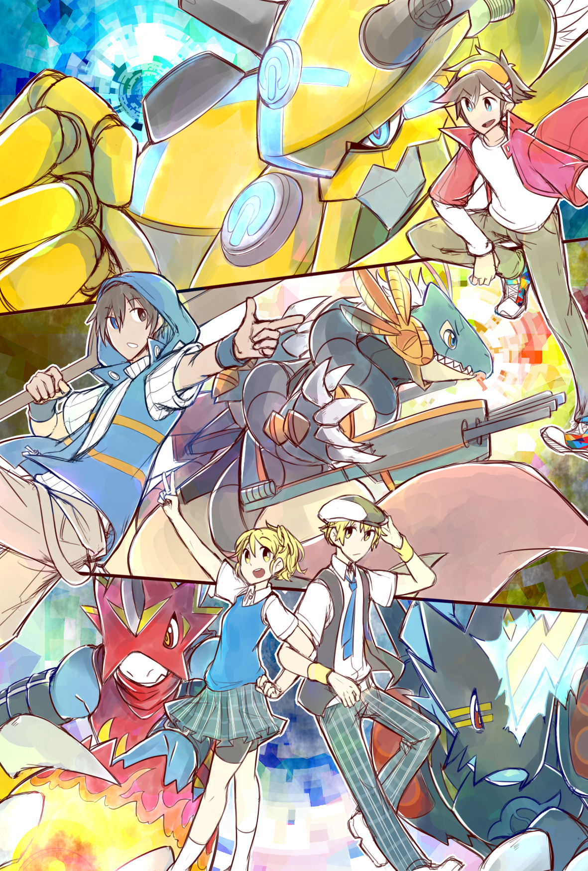 belt bootmon claws digimon fladramon hat highres hood horns lighdramon necktie original skirt