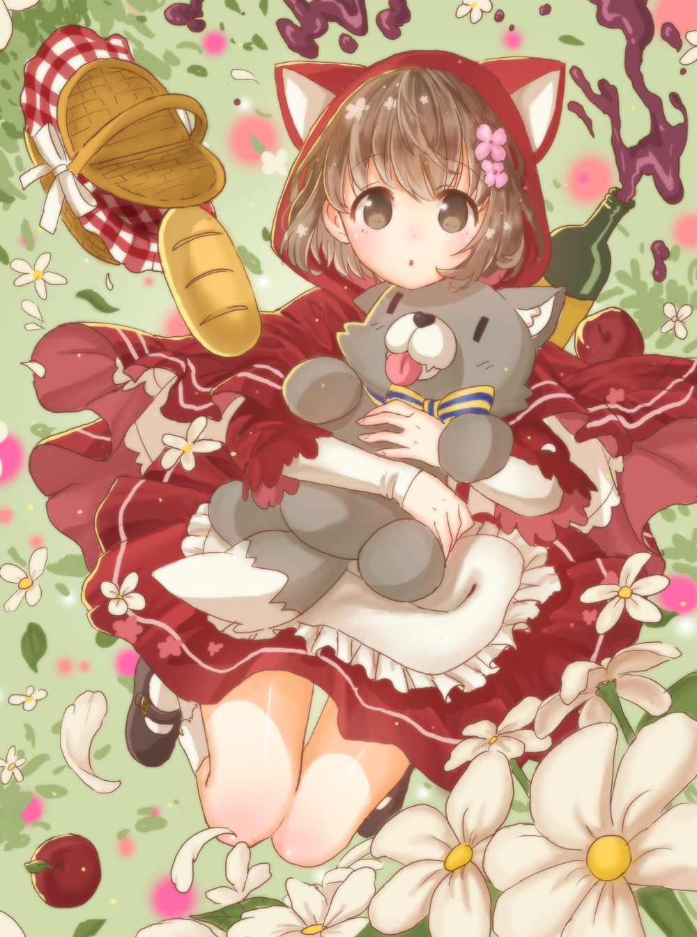 alcohol animal_hood apple apron basket bottle bread brown_eyes brown_hair cloak flower food fruit hair_flower hair_ornament highres hood hooded_cloak little_red_riding_hood_(fairy_tale) little_red_riding_hood_(fairy_tale_character) monotsuki parted_lips short_hair solo wine wine_bottle wolf