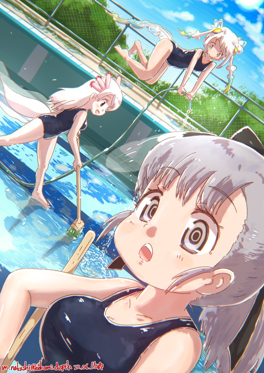 3girls axolotl_girl breasts broom chain-link_fence character_request cleaning cleavage competition_swimsuit fence highres hose kemono_friends kemono_friends_3 large_breasts lizard_tail looking_at_viewer mexico_salamander_(kemono_friends) multiple_girls nakashi_masakumi one-piece_swimsuit pool poolside skyfish_(kemono_friends) swimsuit tail water wet wet_clothes wet_swimsuit
