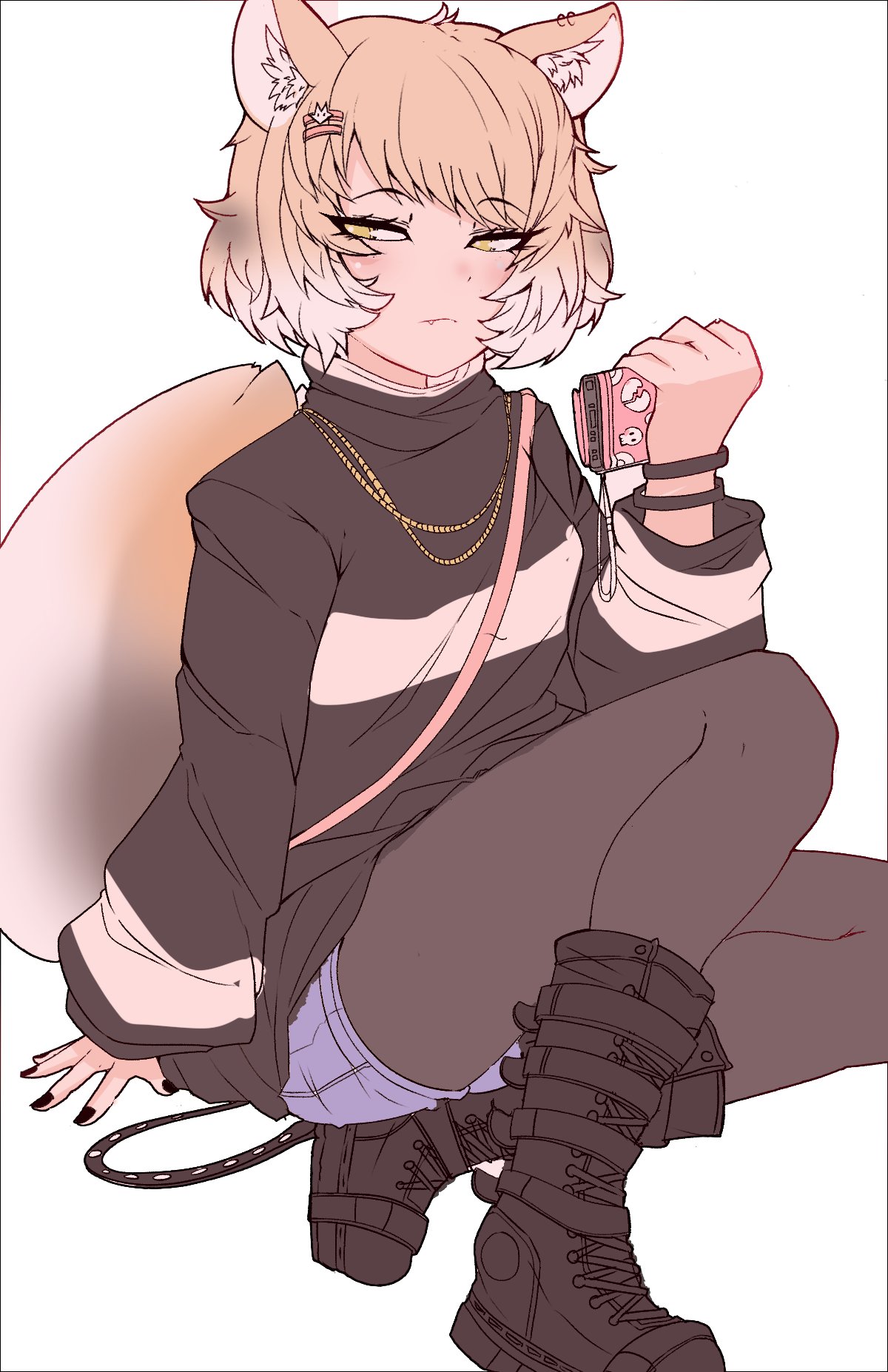 1girl alternate_costume animal_ears black_boots black_nails blonde_hair blue_shorts boots cellphone closed_mouth expressionless eyelashes fang fang_out fingernails fox_ears fox_girl fox_tail grey_hair grey_pantyhose hair_ornament hairclip half-closed_eyes hand_up highres holding holding_phone jewelry kemono_friends long_sleeves looking_at_viewer medium_hair multicolored_hair nail_polish nanoder necklace pantyhose pantyhose_under_shorts parted_bangs phone short_shorts shorts simple_background sitting smartphone smartphone_case solo spread_fingers sweater tail tibetan_fox_(kemono_friends) white_background yellow_eyes