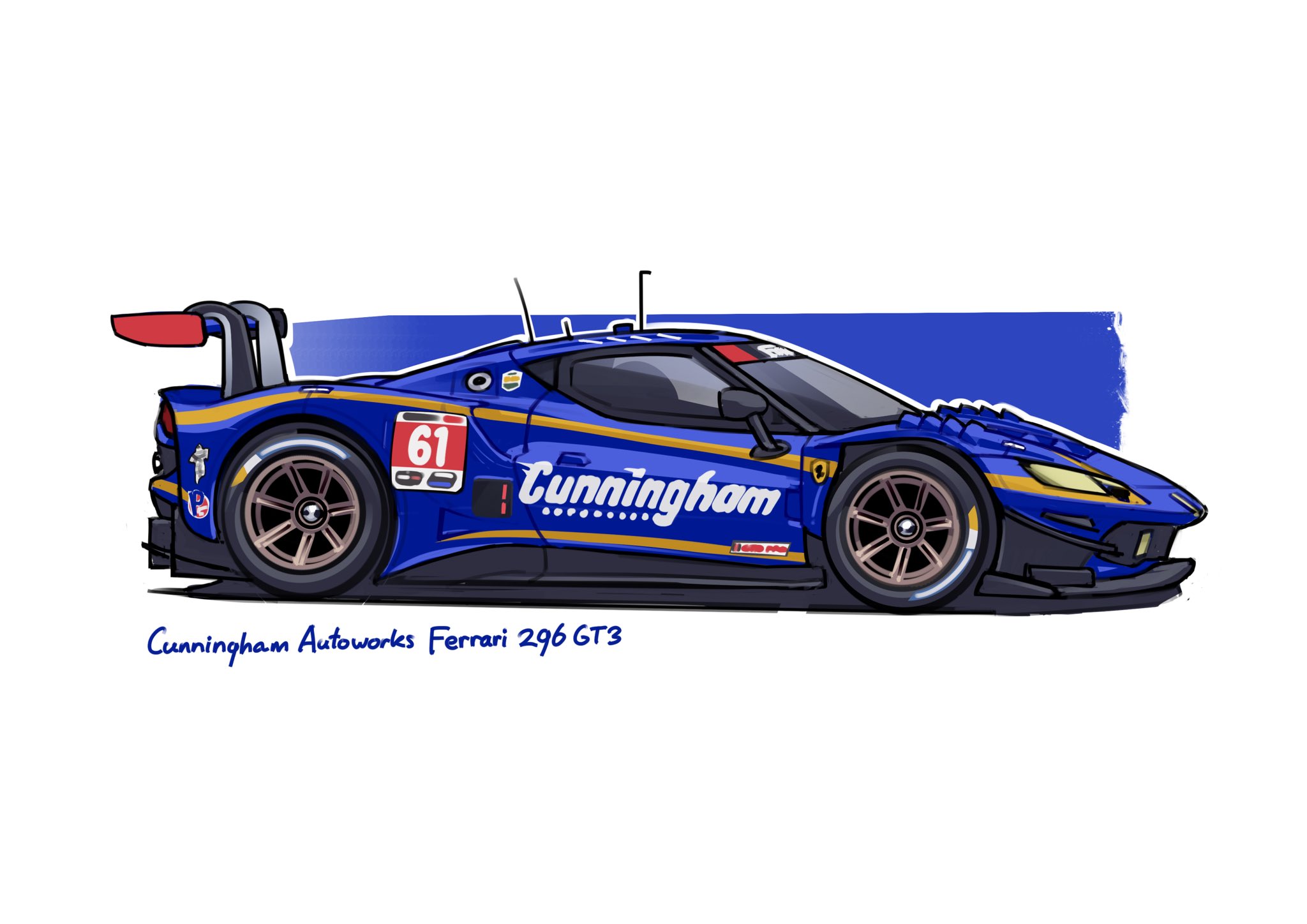 arhentol car commentary english_commentary ferrari ferrari_296 from_side highres imsa_sportscar_championship michelin michelin_man motor_vehicle no_humans original race_vehicle racecar radio_antenna spoiler_(automobile)