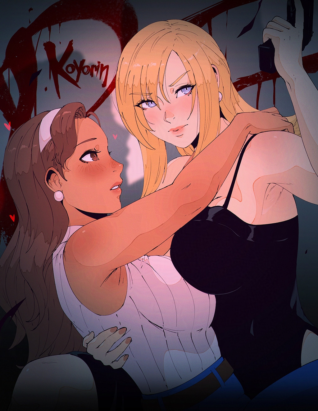 2girls artist_name aya_brea black_dress blonde_hair blue_eyes blush breasts brown_eyes brown_hair dark-skinned_female dark_skin dress earrings gun hand_on_another&#039;s_shoulder handgun hands_on_another&#039;s_back highres holding holding_gun holding_weapon jewelry koyorin large_breasts lips long_hair looking_at_another multiple_girls parasite_eve_(series) pearl_earrings sleeveless weapon