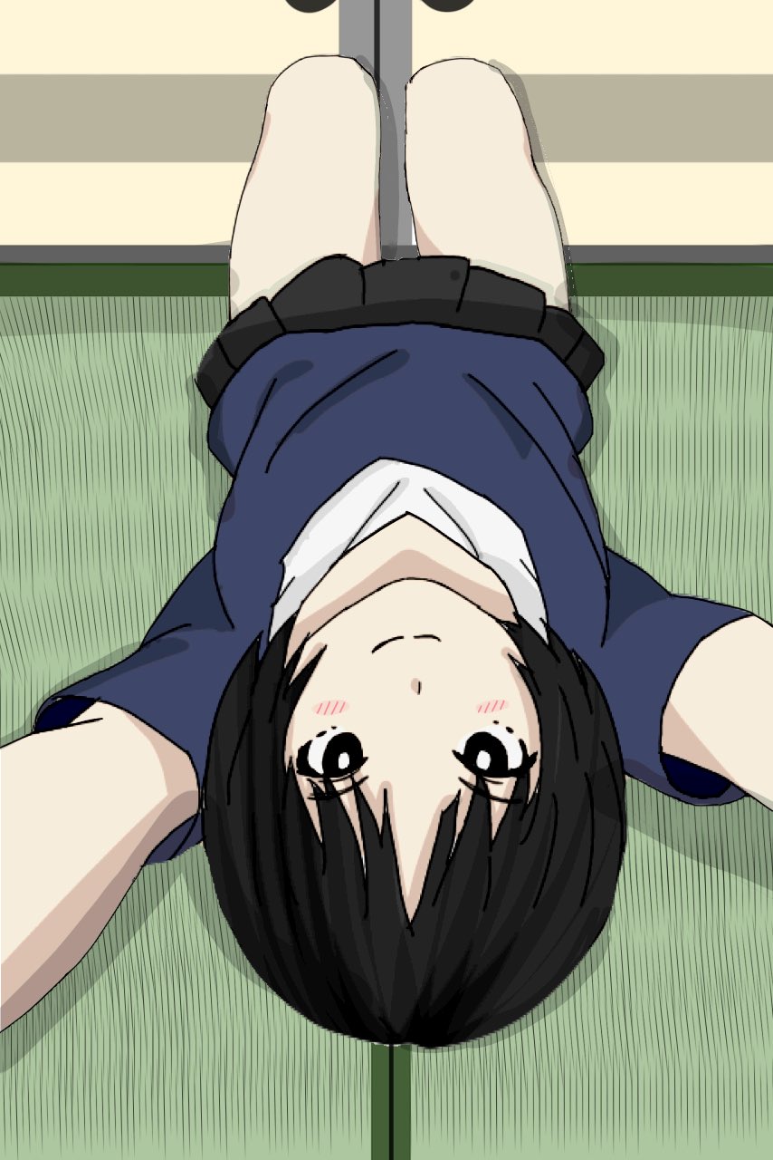 1girl \o/ amagami arms_up atsushibo_(itukadokokade) black_eyes black_hair black_shirt black_skirt blush bob_cut breasts bright_pupils closed_mouth commentary highres knees_up looking_at_viewer lying on_back on_floor outstretched_arms pleated_skirt reaching reaching_towards_viewer shirt short_hair short_sleeves shouji skirt sliding_doors small_breasts smile solo tachibana_miya tatami upside-down white_pupils white_shirt