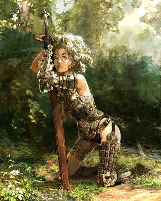 1girl anesaki_dynamic armor female_focus forest grey_eyes kneeling leaning_forward nature original realistic short_hair solo sword tan weapon