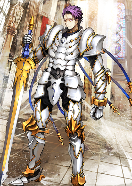 1boy arm_at_side armor armored_boots armored_gloves arondight_(fate) black_pants boots breastplate closed_mouth dutch_angle fate/grand_order fate_(series) faulds foot_out_of_frame hand_on_hilt hand_up lancelot_(fate/grand_order) legs_apart long_sleeves looking_at_viewer male_focus official_art pants pauldrons planted planted_sword planted_weapon purple_eyes purple_hair shimadoriru short_hair shoulder_armor solo standing sword third-party_source variant_set weapon white_armor